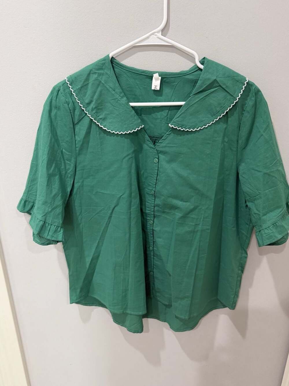 Women's Green Peter Pan Collar Ric Rac Trim Short Sleeve Button Down Blouse